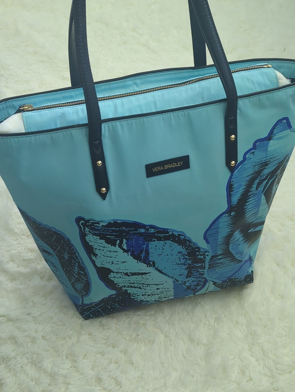 Vera Bradley Light Blue Floral Tote with Black Handles 15Lx20W Strap 14L